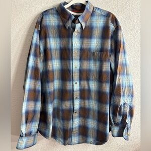 St. John's Bay Blue and Brown Plaid Flannel Shirt 100% Cotton Men Large